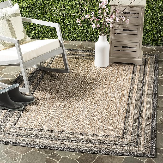 SAFAVIEH Courtyard Collection Area Rug - 4' Square, Natural & Black, Non-Shedding & Easy Care, Indoor/Outdoor & Washable-Ideal for Patio, Backyard, Mudroom (CY8475-37312)