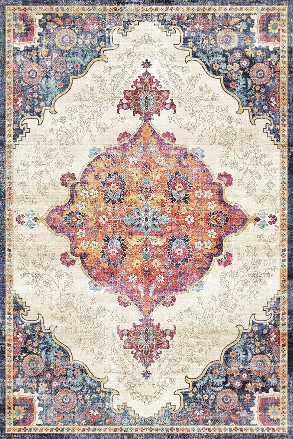 Dripex 6x9 Area Rugs, Machine Washable Non Slip Distressed Boho Rugs, Area Rug for Living Room, No Pile Lightweight Vintage Rug, Soft Accent Carpet for Dining Room,Bedroom,Multi