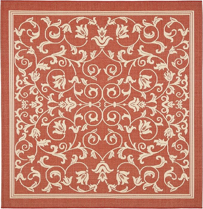SAFAVIEH Courtyard Collection 6'7" Square Red / Natural CY2098 Scroll Indoor/ Outdoor Waterproof Easy-Cleaning Patio Backyard Mudroom Area-Rug