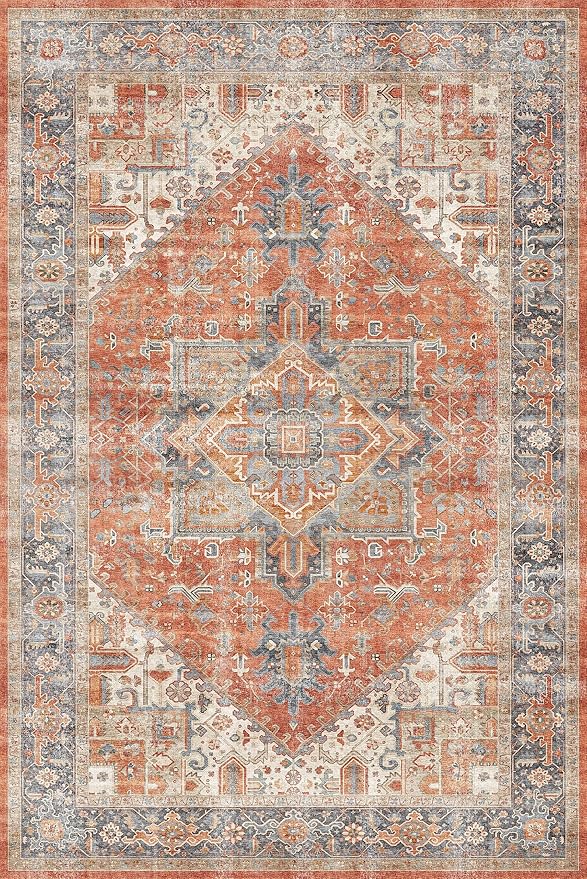 Dripex 6x9 Area Rugs, Machine Washable Non Slip Distressed Boho Rugs, Area Rug for Living Room, No Pile Lightweight Vintage Rug, Soft Accent Carpet for Dining Room,Bedroom,Orange