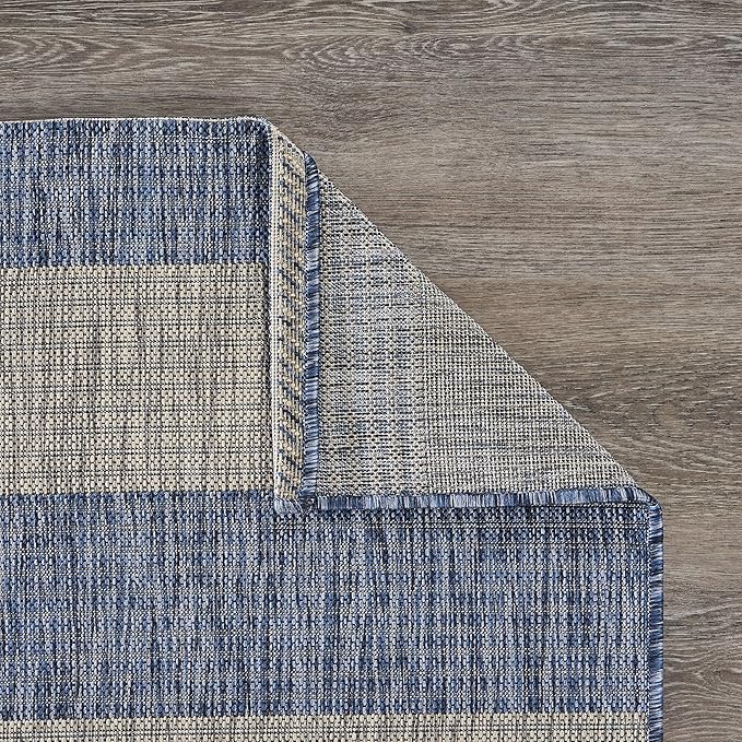 LR Home 8 x 10 Indoor / Outdoor Area Rug for Home Decor | Coastal Striped large size carpet for living room, bedroom, playroom, patio, garden | Modern farmhouse rug | Navy / Gray