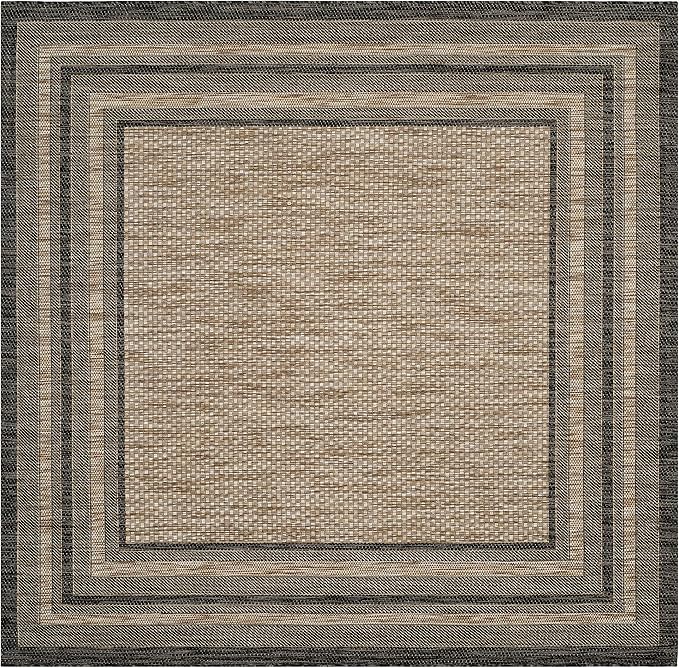 SAFAVIEH Courtyard Collection 9' Square Natural / Black CY8475 Indoor-Outdoor Waterproof Easy-Cleaning Patio Backyard Mudroom Area-Rug
