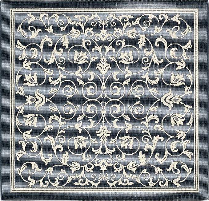 SAFAVIEH Courtyard Collection 6'7" Square Navy/Beige CY2098 Scroll Indoor/ Outdoor Waterproof Easy-Cleaning Patio Backyard Mudroom Area-Rug